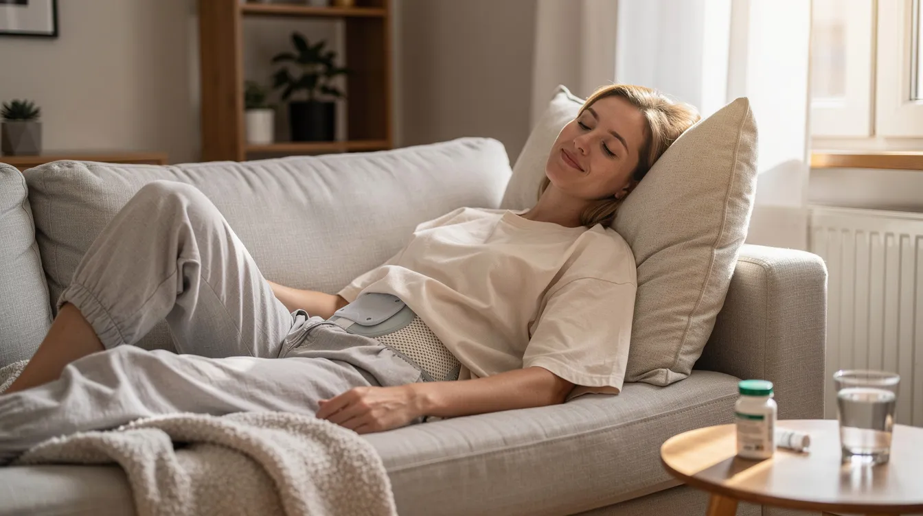 A person is seen resting comfortably at home, wearing a compression garment under loose clothing after undergoing a body contouring procedure, likely liposuction. The image conveys a sense of recovery, highlighting the importance of compression garments in promoting healing and managing swelling during the liposuction recovery process.