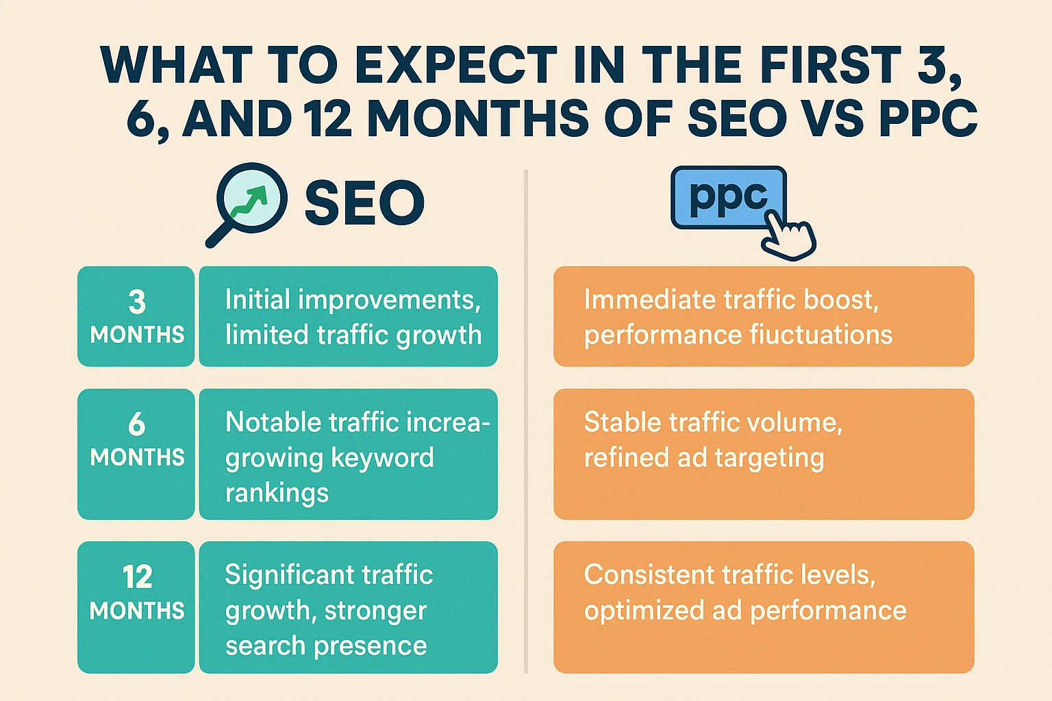 A timeline of what to expect for PPC and SEO results in 3, 6 and 12 months
