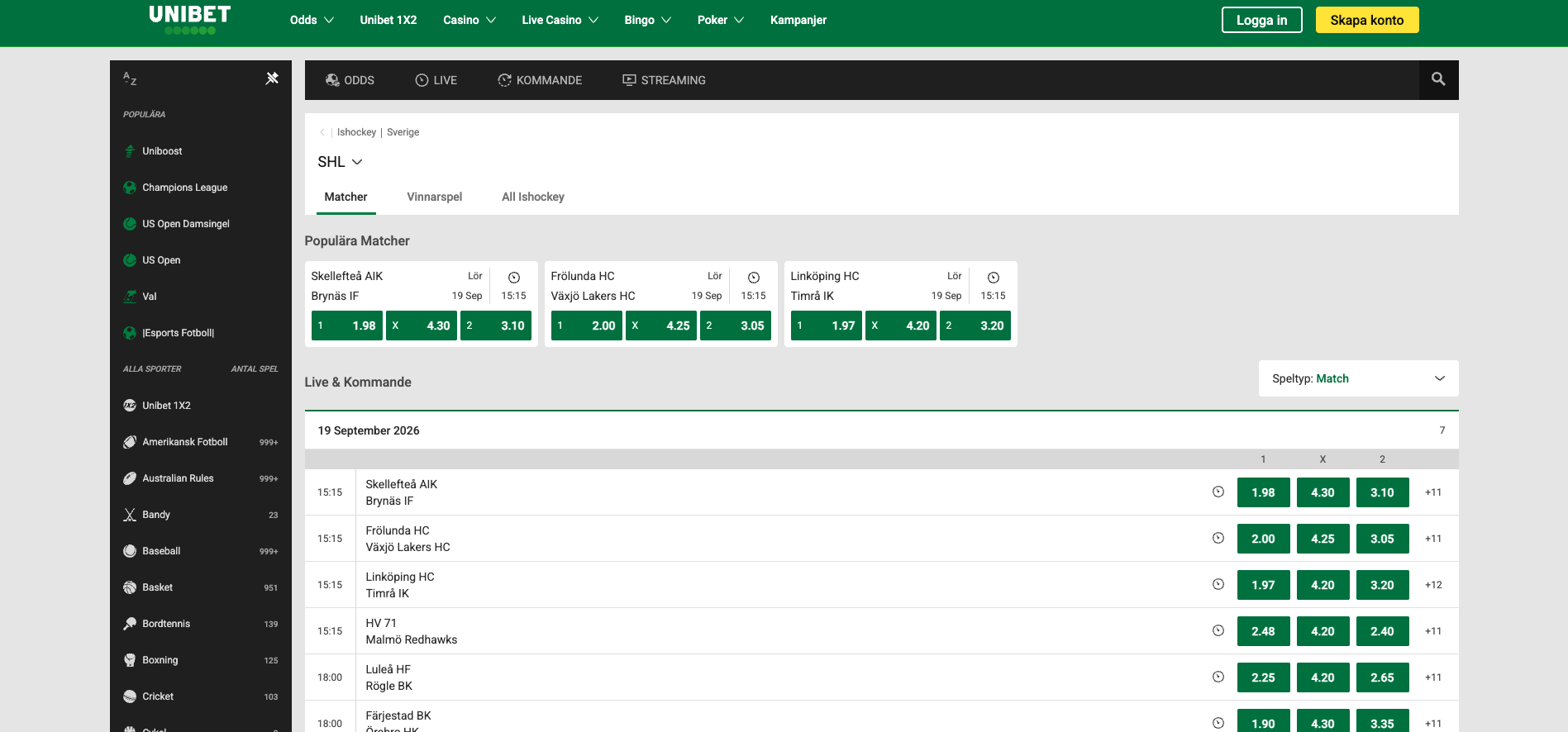 Unibet odds shl