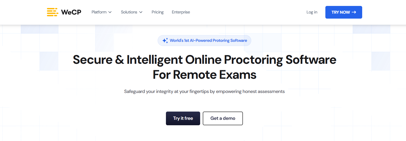 WeCP homepage showcasing AI-powered online proctoring software with secure remote exam monitoring, automated integrity checks, and intelligent assessment management.