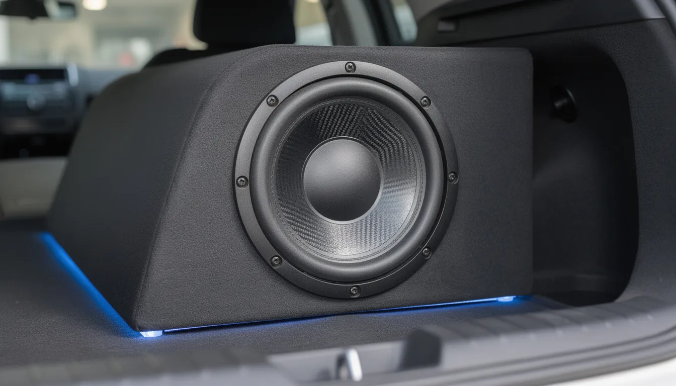 The image shows a close-up of a large car audio subwoofer, featuring a prominent cone and surround, installed in a custom trunk enclosure. This high-quality car subwoofer is designed for optimal sound performance, capable of delivering deep bass and clear sound quality, making it an essential component of any powerful car audio system.