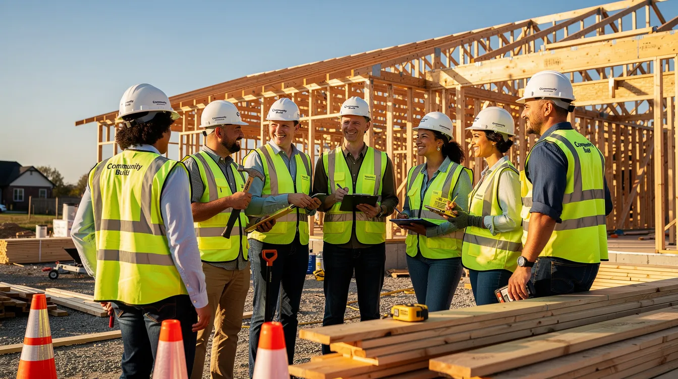 A construction team is actively volunteering at a community building project, wearing branded hard hats and safety vests, showcasing their commitment to local businesses and community engagement. This image highlights the importance of construction companies in fostering brand recognition and building relationships with prospective clients through successful projects and community involvement.