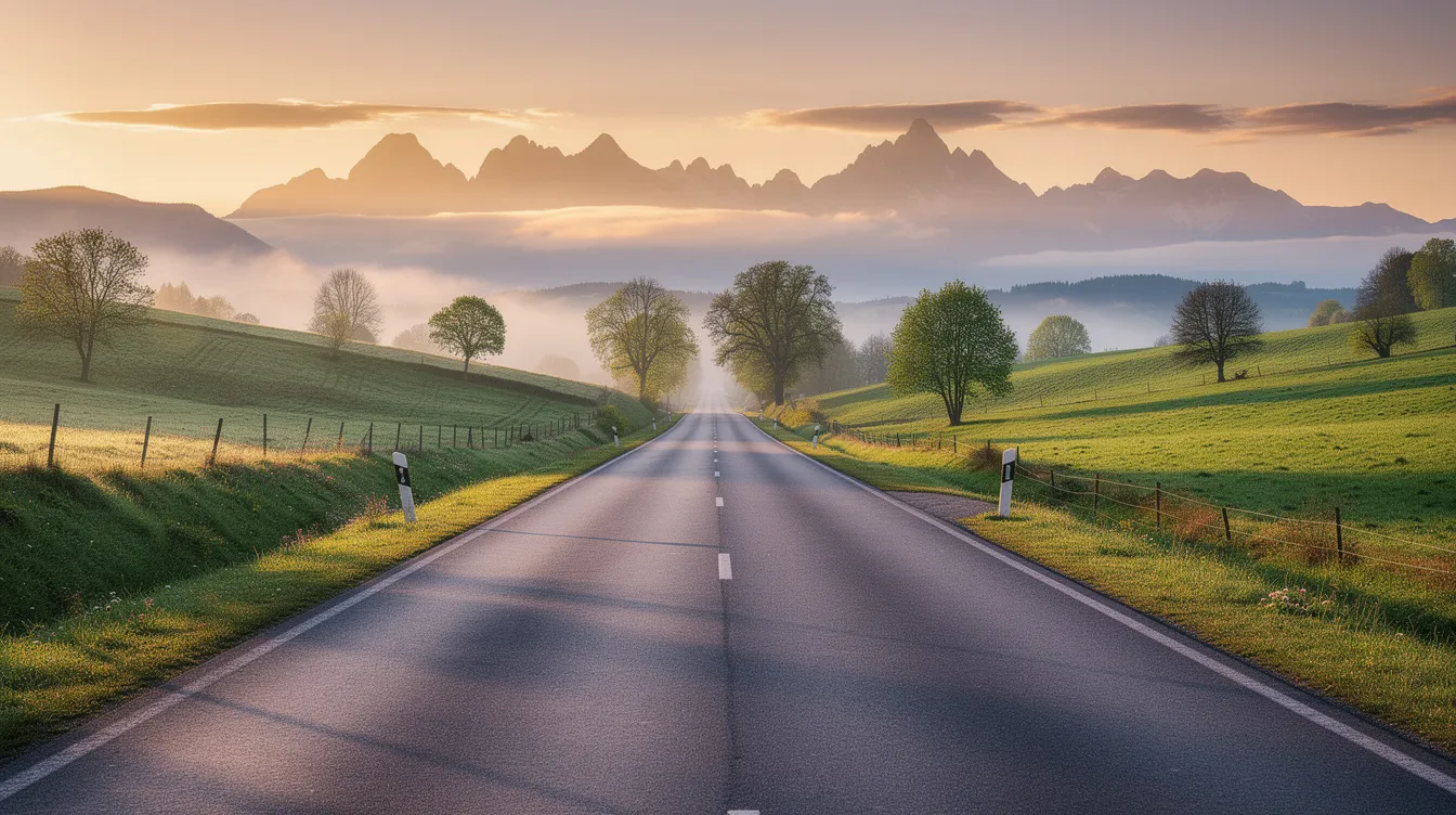 The image depicts a long road winding through a lush green landscape, leading toward majestic mountains in the distance, illuminated by the soft light of sunrise. This serene scene symbolizes the journey of outbound sales teams as they navigate their path toward potential customers and successful outreach campaigns.