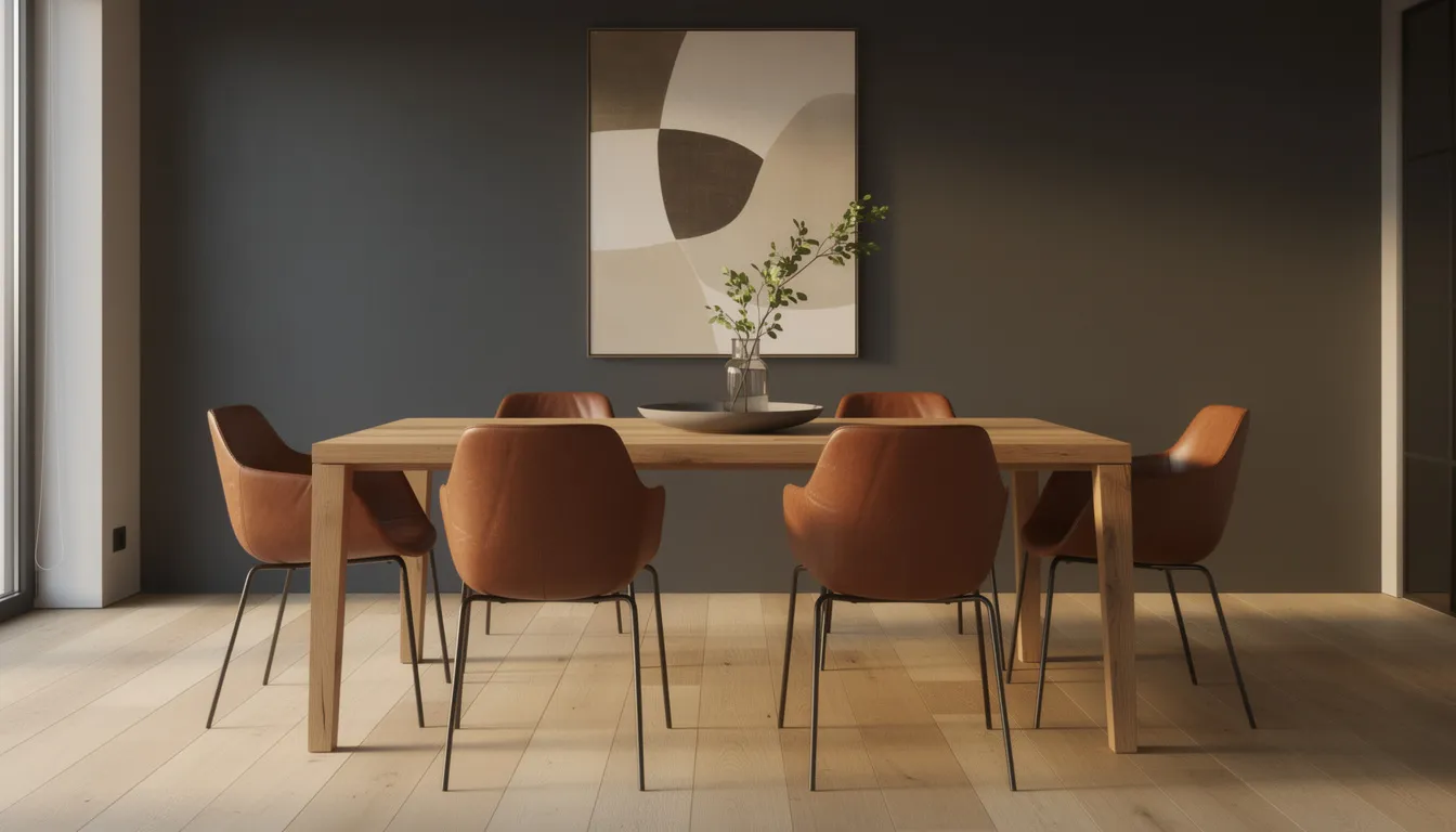 Een stijlvolle eetkamer met een donkergrijze accentwand, gemaakt van een wandpaneel in antraciet, een houten tafel en leren stoelen die samen een elegante uitstraling creëren. De ruimte heeft een warme en uitnodigende sfeer, perfect voor gezellige diners.