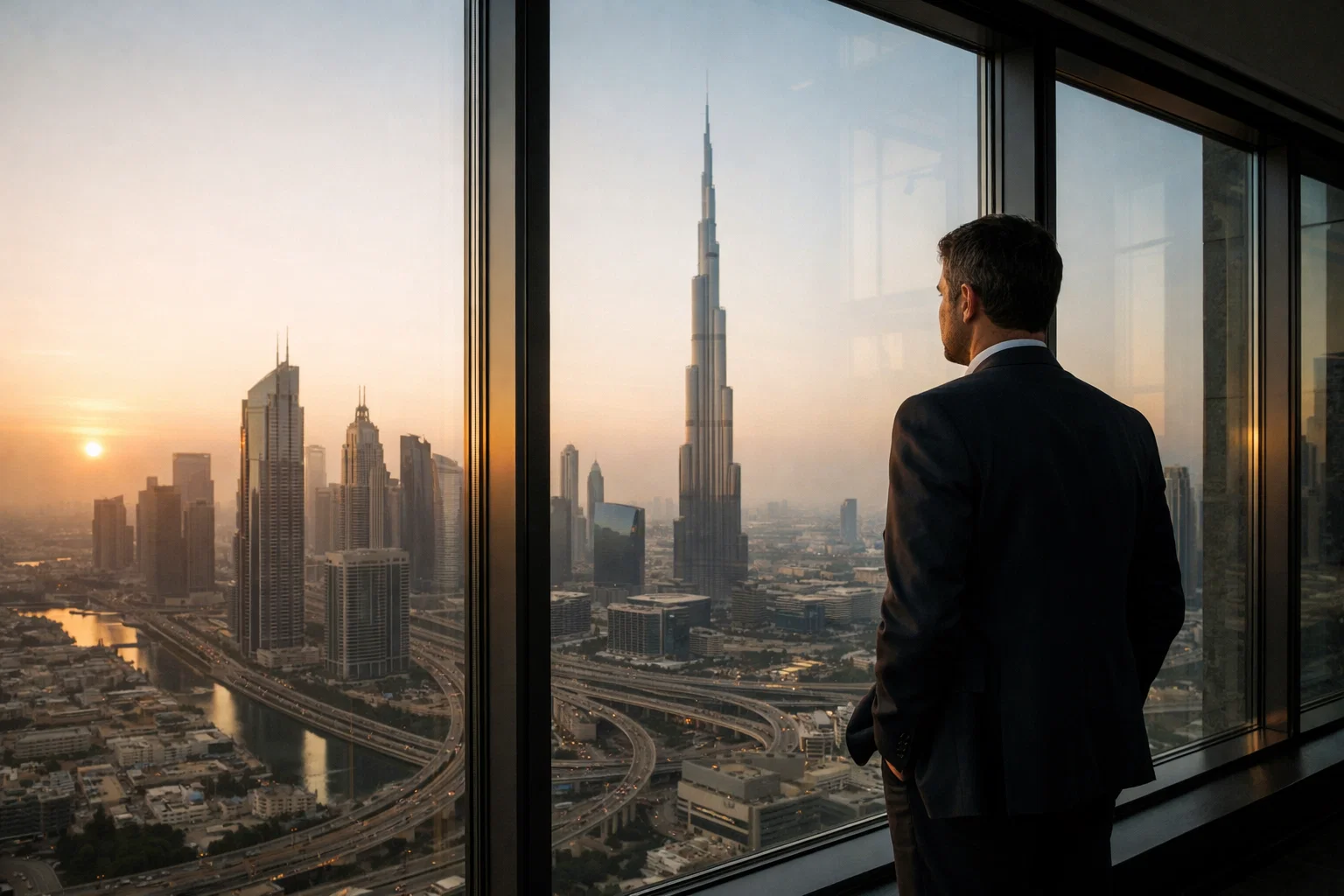 Business professional overlooking Dubai skyline from high-rise office, symbolising expansion and digital visibility challenges