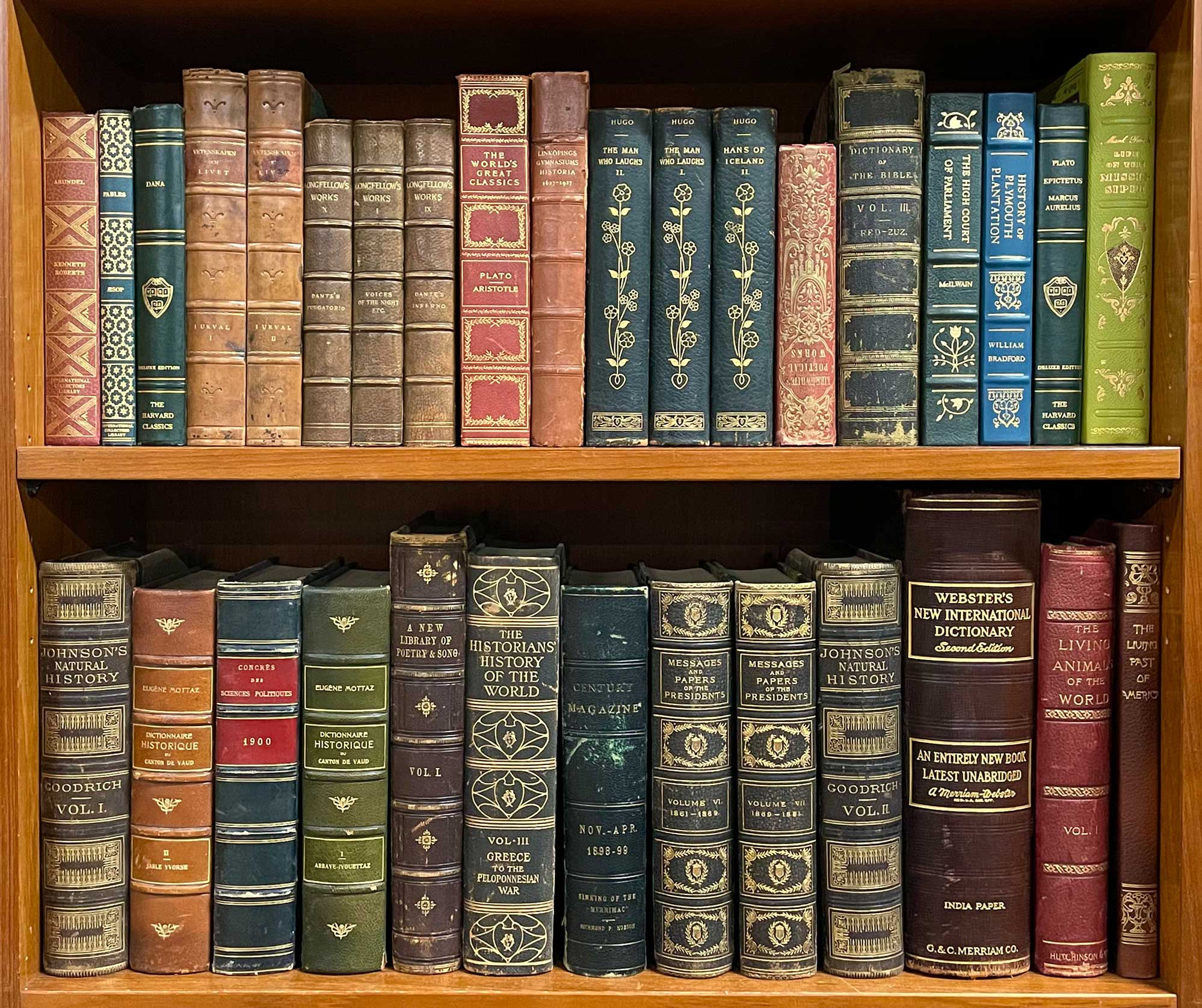 A bookshelf displaying genuine leather covers.