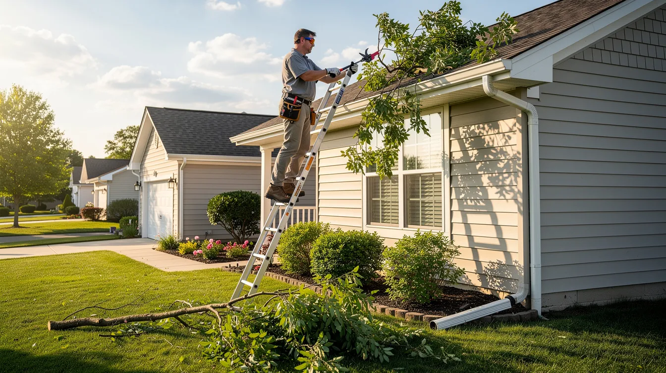 A homeowner is using a ladder to trim tree branches away from the roof of a suburban house on a sunny summer day, ensuring that potential entry points for nuisance wildlife, such as raccoons and squirrels, are minimized. This proactive approach helps prevent unwanted animals from accessing the attic and causing health risks or damage to insulation.