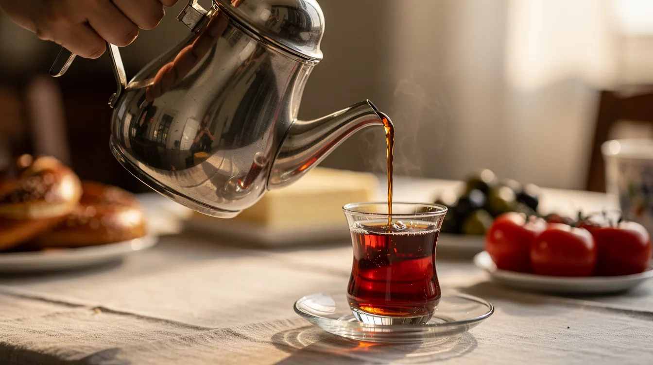A close-up view captures a hand pouring dark Turkish tea from a traditional double teapot into a tulip-shaped glass, with a blurred breakfast table featuring a delicious Turkish breakfast spread in the background, including fresh bread and olives. The warm ambiance evokes the charm of a typical breakfast in Istanbul, highlighting the rich traditions of Turkish cuisine.