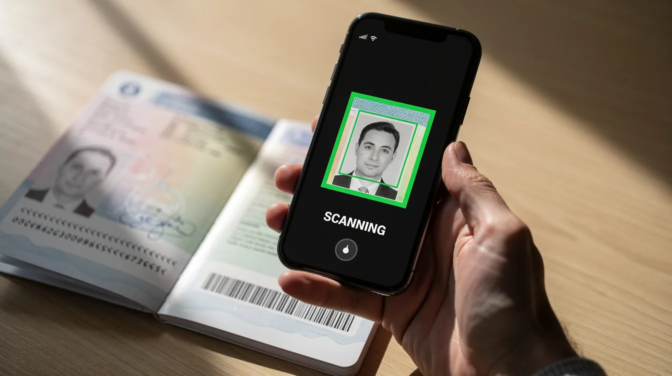 A hand is holding a smartphone that is scanning a valid passport placed on a table, illustrating the process of using an online service to apply for settled status under the EU Settlement Scheme. The image highlights the importance of identity documents in proving eligibility for residency in the UK.