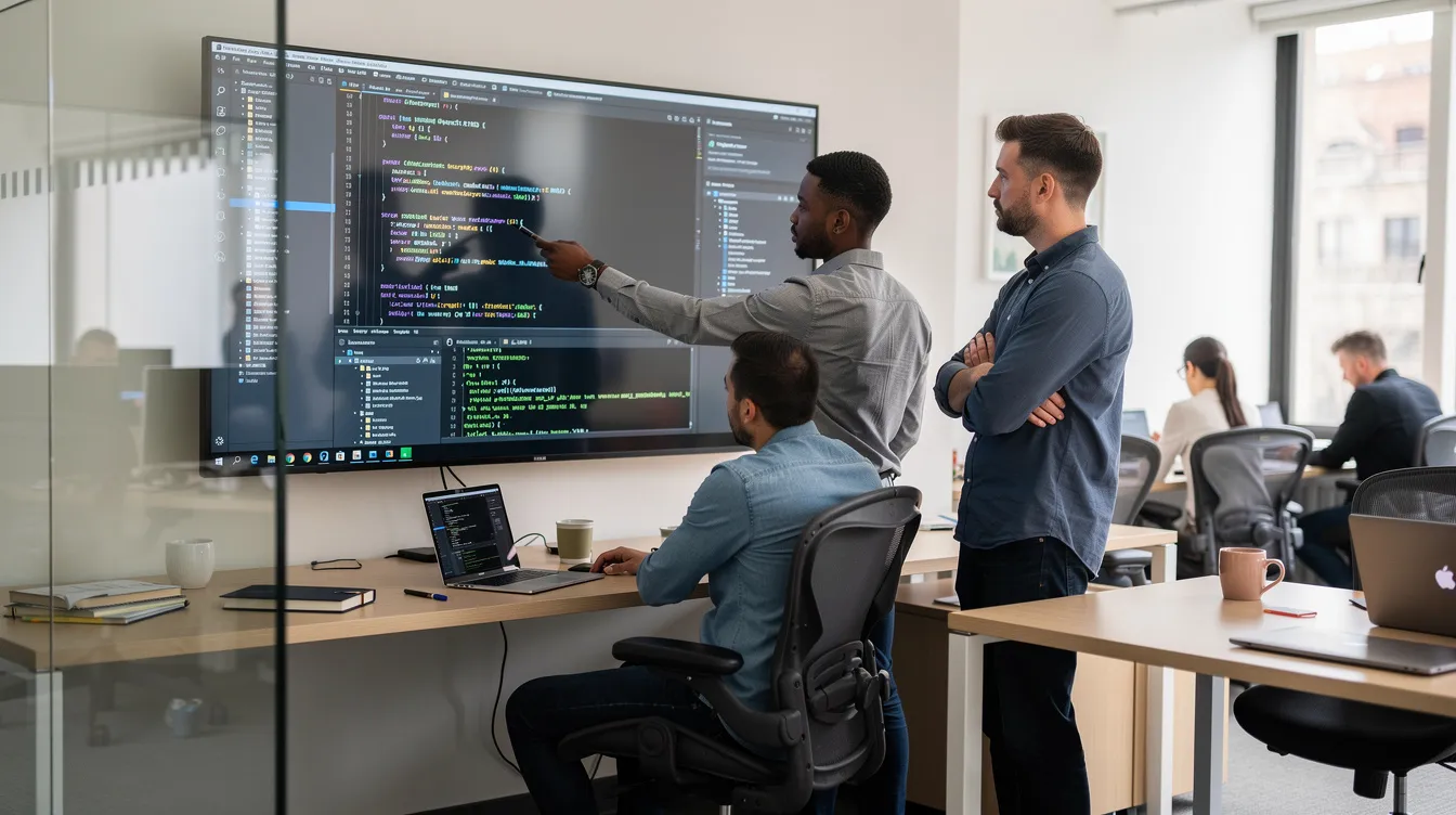 A group of developers is gathered around a large monitor in an office, reviewing code together as part of their software development process. They are engaged in discussions about integrating various tools and enhancing the performance of their multi-agent systems, focusing on the capabilities of autonomous agents and the importance of comprehensive monitoring for production deployment.
