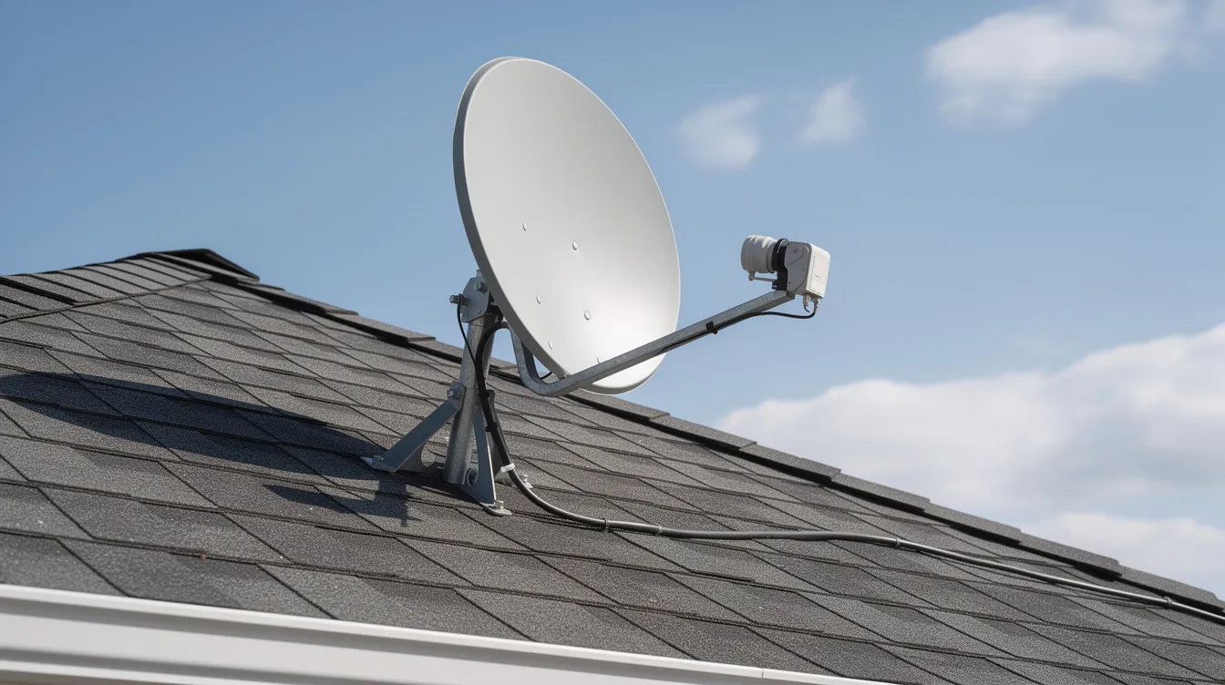 A satellite dish is securely mounted on a residential roof against a clear blue sky, showcasing the typical setup for DSTV installation services. This installation is crucial for ensuring optimal signal strength and reception for users in Caledon.