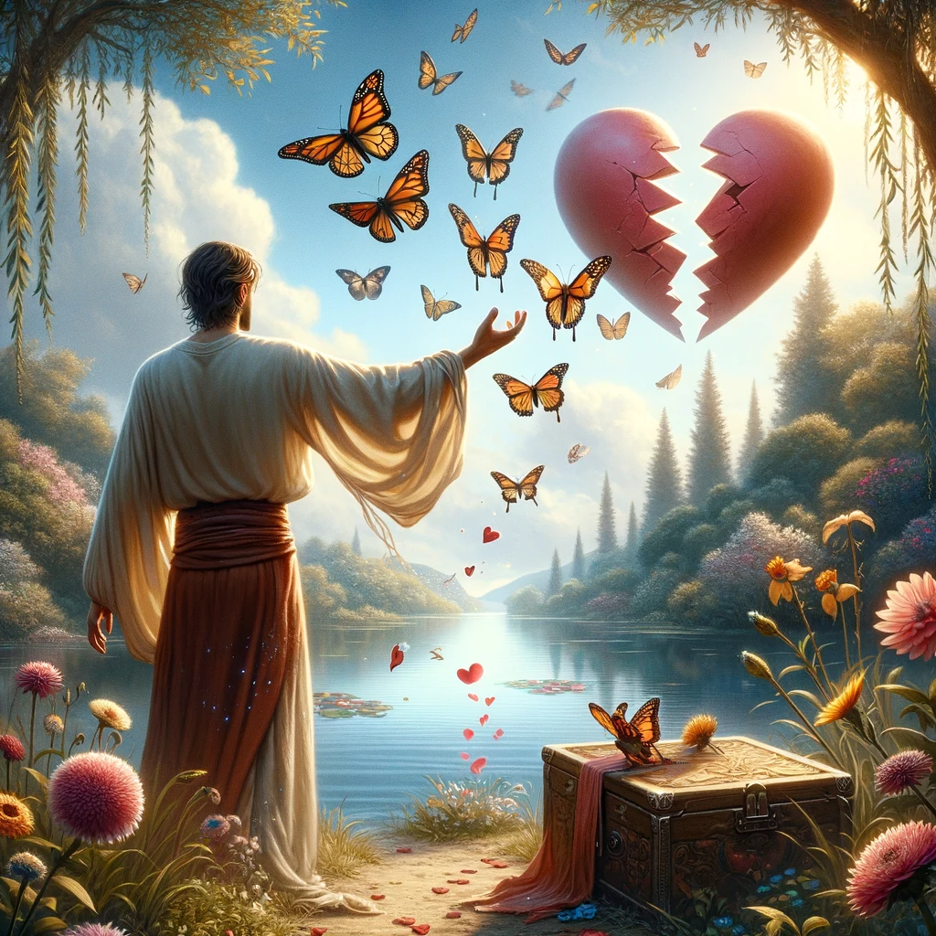 The scene depicts an individual in a peaceful outdoor setting, releasing butterflies from their hands, symbolizing the letting go of past grudges and openness to new love. In the background, a once-broken heart is seen mending, representing healing and forgiveness following a previous relationship. The environment is serene and filled with hope, featuring blooming flowers and a clear sky, suggesting the potential for new relationships and happiness. This scene embodies the tarot love meaning of moving beyond past heartbreak and embracing the possibilities of the future