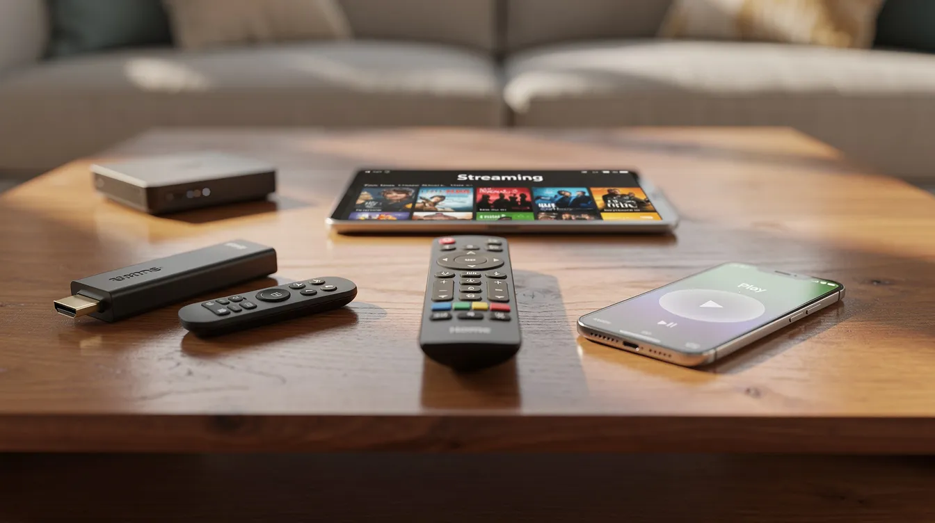 The image features a variety of streaming devices on a wooden coffee table, including a TV remote, a streaming stick, a tablet, and a smartphone, representing modern entertainment options for accessing IPTV services in Canada. This setup highlights the convenience of watching live TV channels and on-demand content through various devices like smart TVs and mobile devices.