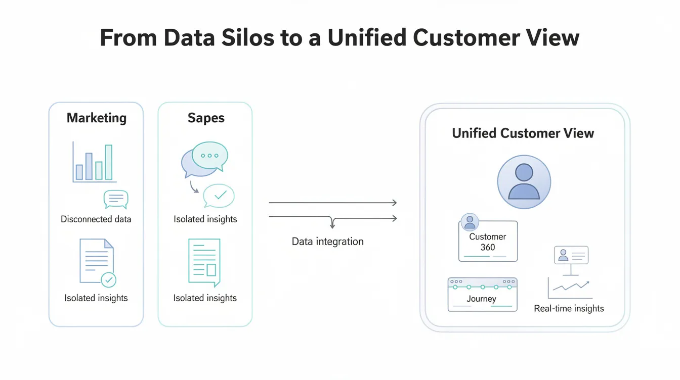 This infographic illustrates the transition from data silos to a unified customer view, designed for financial institutions focusing on anti-money laundering (AML) and financial crime risk management. The clean and minimal layout features vector graphics on a white background, highlighting key concepts like fraud detection, regulatory compliance, and operational efficiency in combating financial crime.