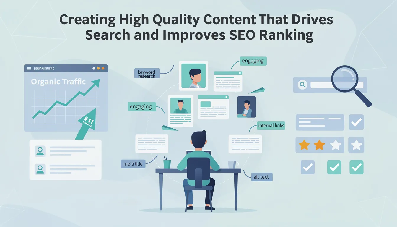 An infographic illustrating the process of creating high-quality content that enhances SEO rankings, featuring elements like keyword research, on-page SEO strategies, and the importance of optimizing images for search engines. It emphasizes the role of content marketers in driving organic search traffic and improving a website's authority through quality backlinks and effective meta descriptions.