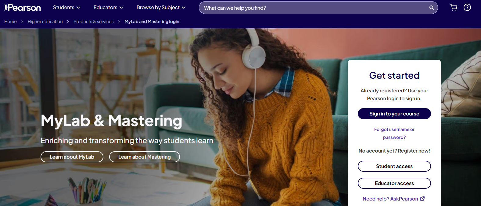 Pearson MyLab & Mastering platform delivering personalized learning, interactive coursework, and adaptive study tools for higher education students