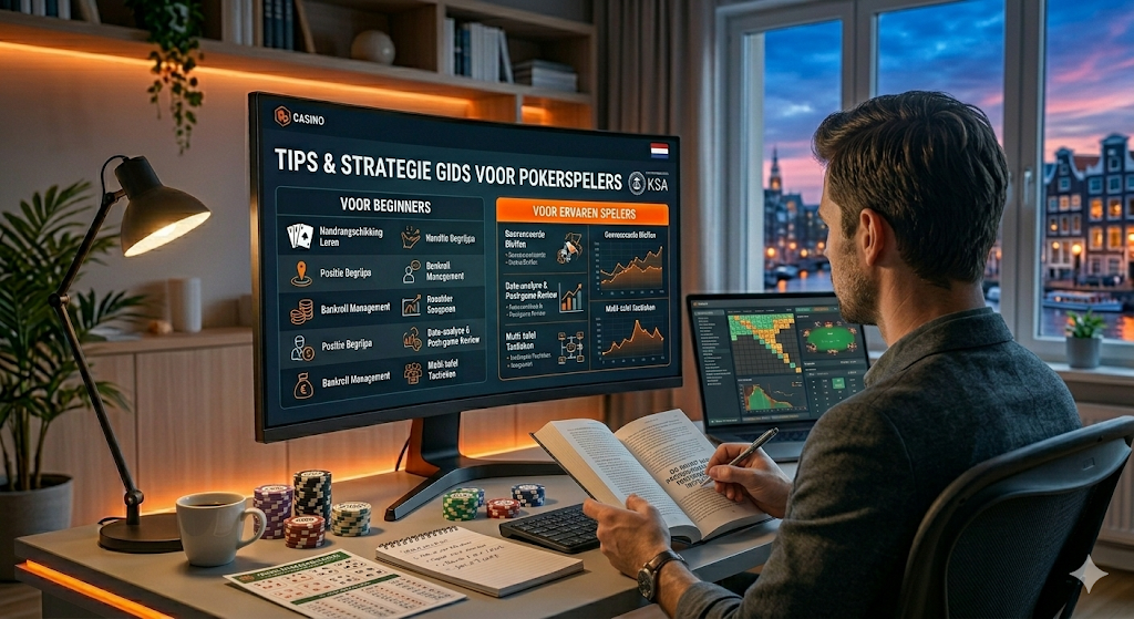 Pokerspeler die poker strategie en tips bestudeert op een scherm met gids voor beginners en ervaren spelers, inclusief bankroll management en pokeranalyse.