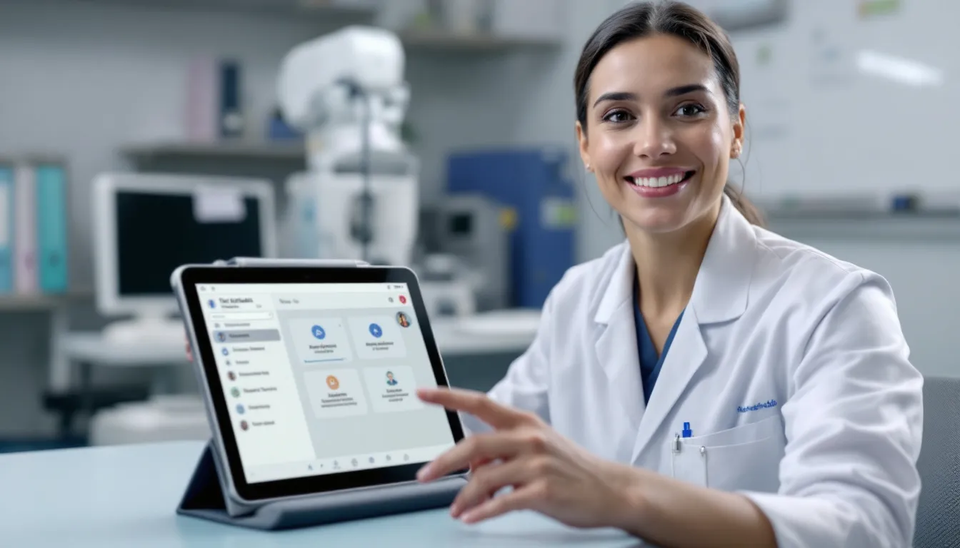 A healthcare professional is showcasing the features of a telehealth platform on a tablet, highlighting virtual consultations, patient data management, and secure video conferencing. The demonstration emphasizes the importance of HIPAA compliance in enhancing patient care and improving health outcomes.