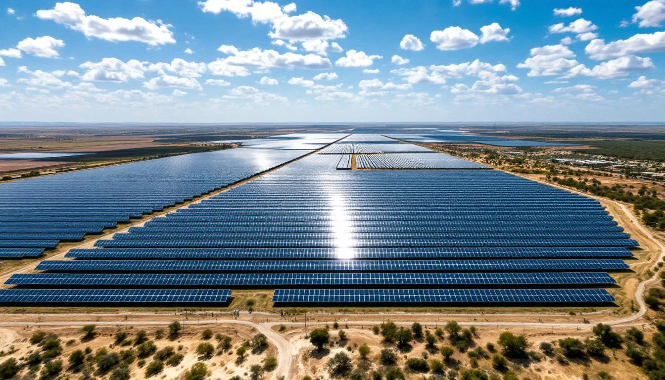 An aerial view showcases the expansive solar farm that powers Babcock Ranch, a solar-powered town in Southwest Florida, surrounded by lush greenery and open land. This renewable energy source highlights the community's commitment to sustainability and innovation in Lee County, near Punta Gorda and Fort Myers.