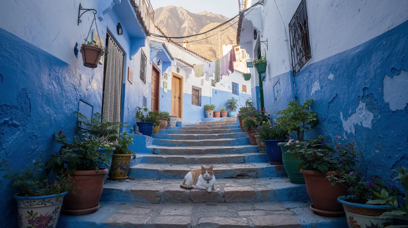 A blue-painted narrow alleyway in a Moroccan mountain town features potted plants and a cat lounging on stone steps, embodying the charm of Moroccan architecture. This picturesque scene invites visitors to explore the vibrant culture and natural beauty of this welcoming destination in North Africa.