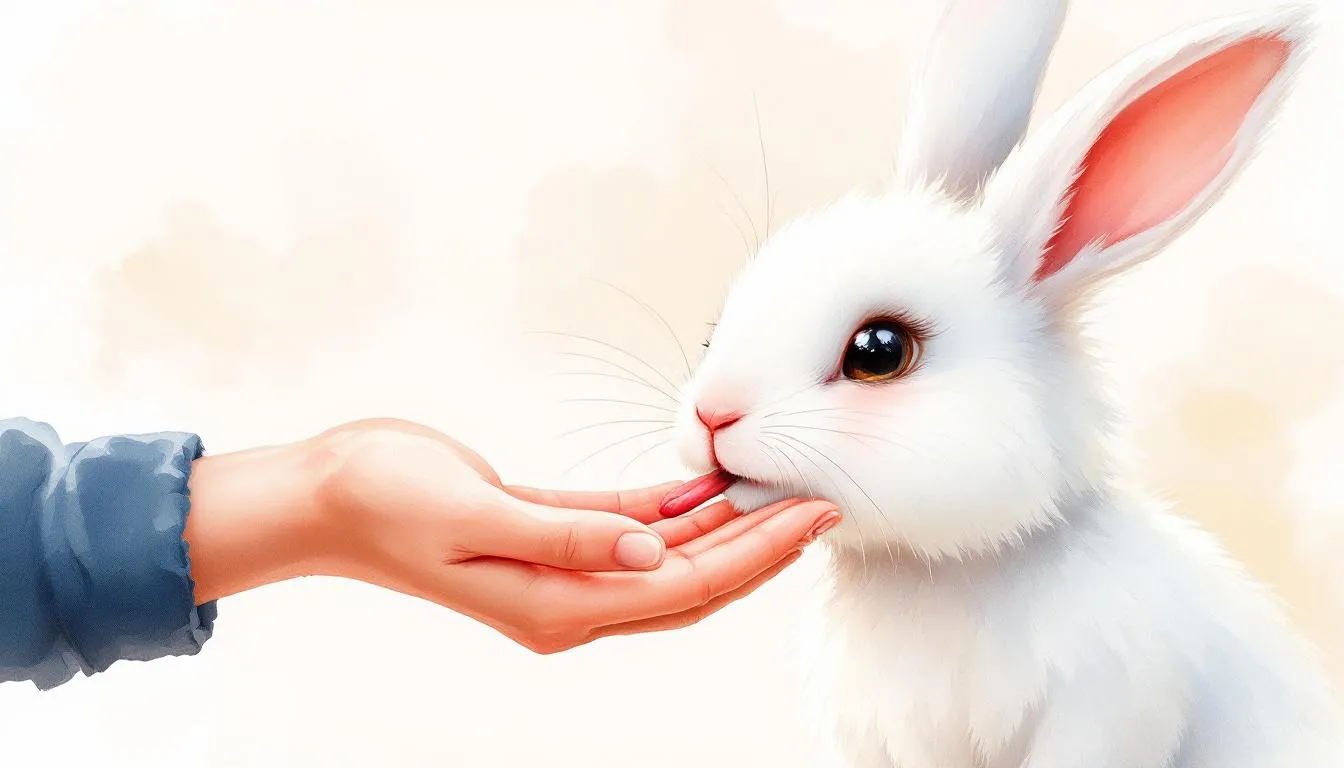 Signs that a rabbit loves you, depicted through a rabbit licking its owner's hand.