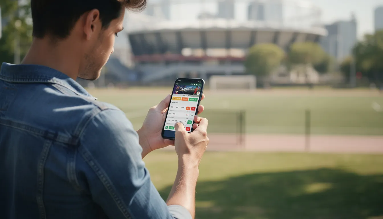 En person sitter utomhus och använder sin smartphone för att betta på sport, med fokus på att ta del av det stora utbudet hos Nordicbet. I bakgrunden syns en park, vilket ger en avslappnad atmosfär för spelande.