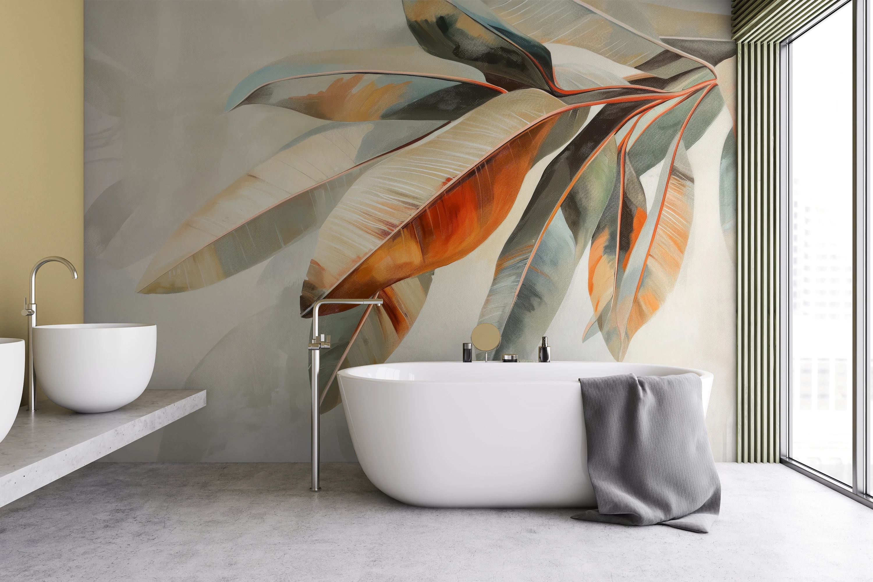 Photo wallpaper with tropical leaves on the wall