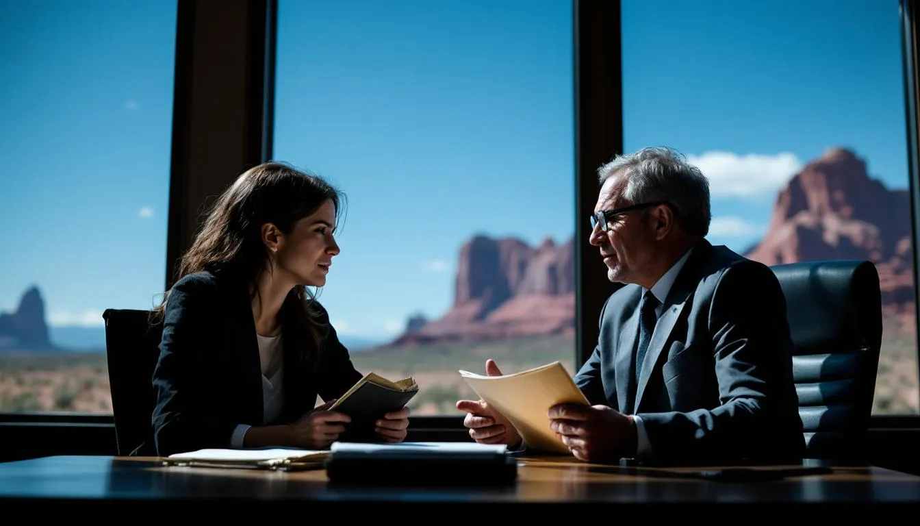 A personal injury attorney in New Mexico discussing a case with a client.