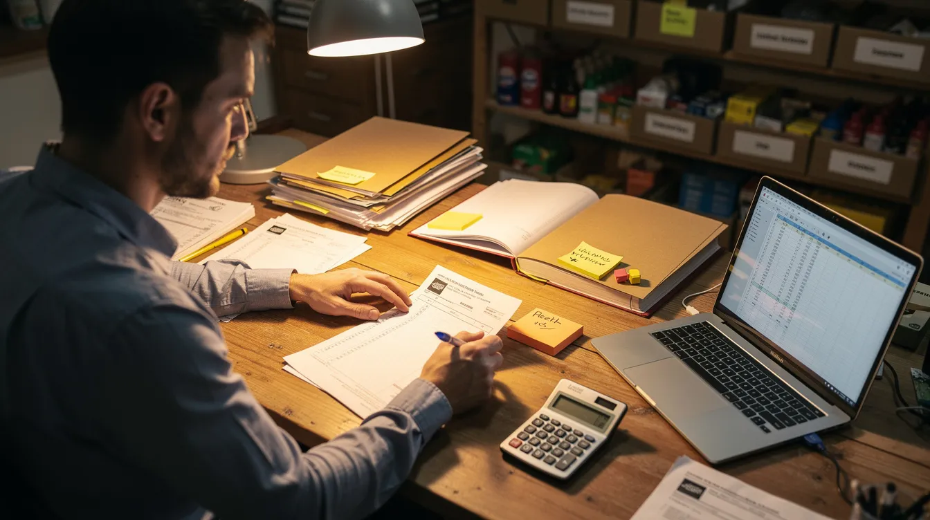 229093f3 97bb 44bc a51c 97decdb92b08 A small shop owner is seated at a desk, meticulously reviewing various documents, including business registration papers and utility bills, which are spread out around them. This scene reflects the essential process of preparing for a business loan application, highlighting the importance of financial institutions and eligibility criteria for small businesses in India.