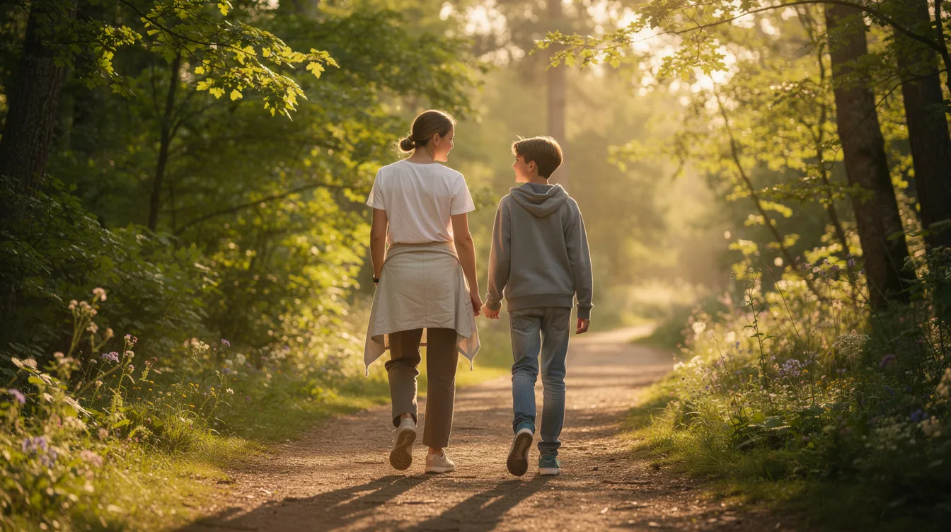 A parent and their teenage son walk side by side along a sunlit nature trail, enjoying quality time together. This moment reflects the importance of communication and support during the teenage years, fostering a strong relationship through shared experiences.