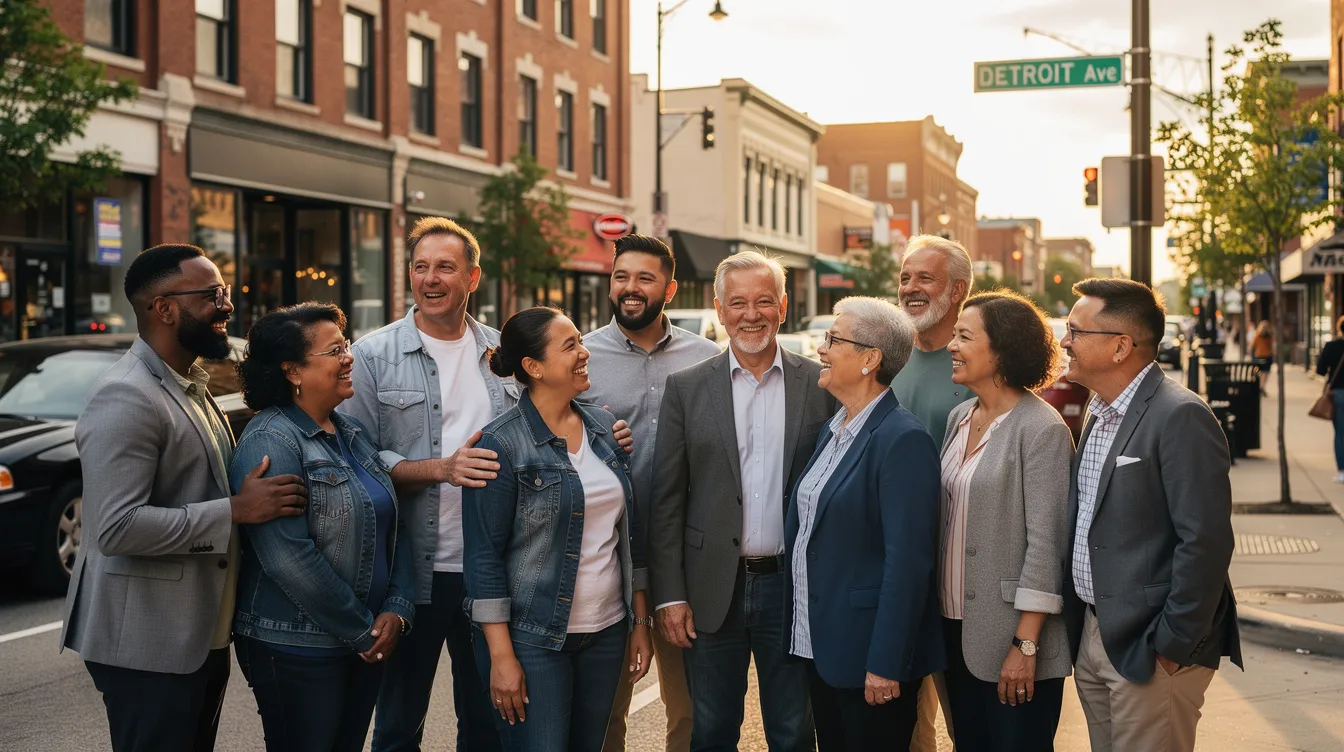 A diverse group of adults, representing various cultural backgrounds and ages, gathers in an urban Michigan setting, engaged in conversation. This scene reflects the importance of mental health care and culturally responsive therapy services, highlighting the potential for personal growth and emotional regulation within the community.