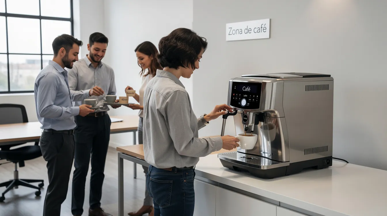 En una moderna oficina, varios empleados están sirviendo café de una máquina superautomática plateada, fabricada en acero inoxidable, que ofrece diversas opciones como café con leche y capuchino. La escena refleja un ambiente de trabajo dinámico, donde la calidad del café y la tecnología de la máquina son protagonistas.
