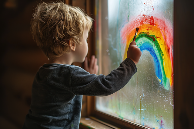 ai generated, kid, nature, child, young boy, painting, on the window, rainbow, childhood, autism spectrum, autism awareness, autistic, paintbrush, nostalgic, cute, lovely, blonde, adorable, education, activities, arts and crafts, preschool, development, lonely, alone