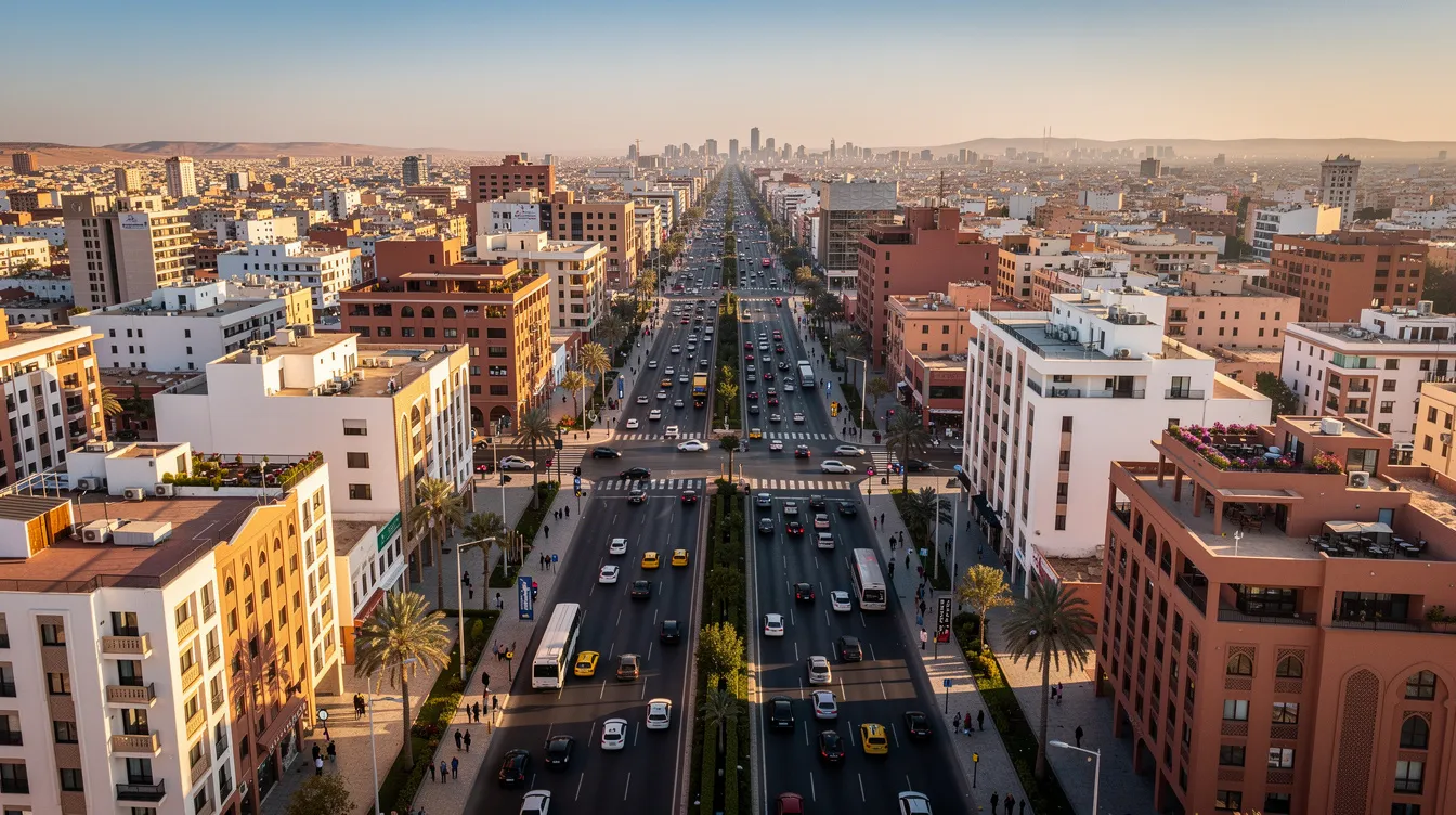 Une vue aérienne d'une grande ville marocaine, probablement Casablanca, montre des voitures circulant sur un boulevard moderne, entouré de bâtiments contemporains et de verdure. Cette image évoque l'importance de la location de voitures pour explorer les routes animées et les paysages urbains du Maroc.
