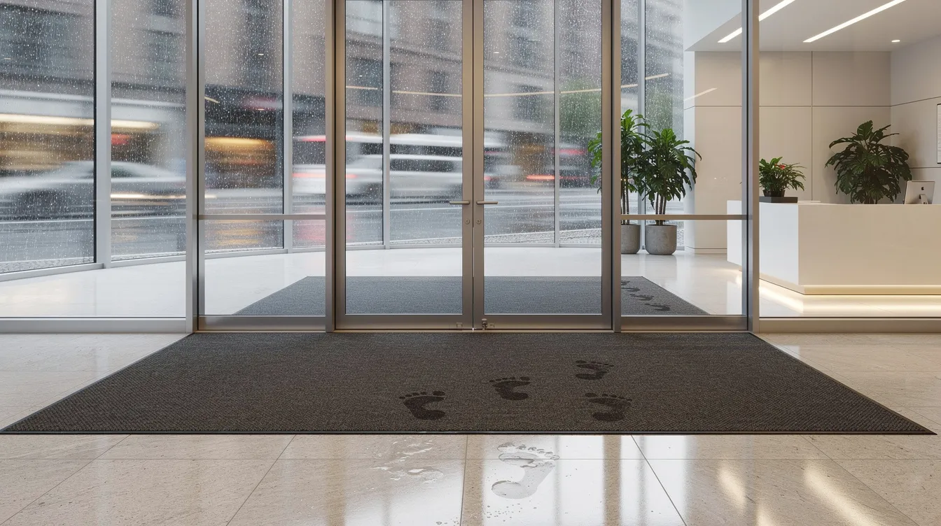 The image depicts a well-maintained building lobby with clean floors and entrance mats, designed to keep common areas dry and safe during rainy weather. This welcoming environment reflects the property managers' commitment to routine cleaning and maintaining safety standards in high traffic areas.