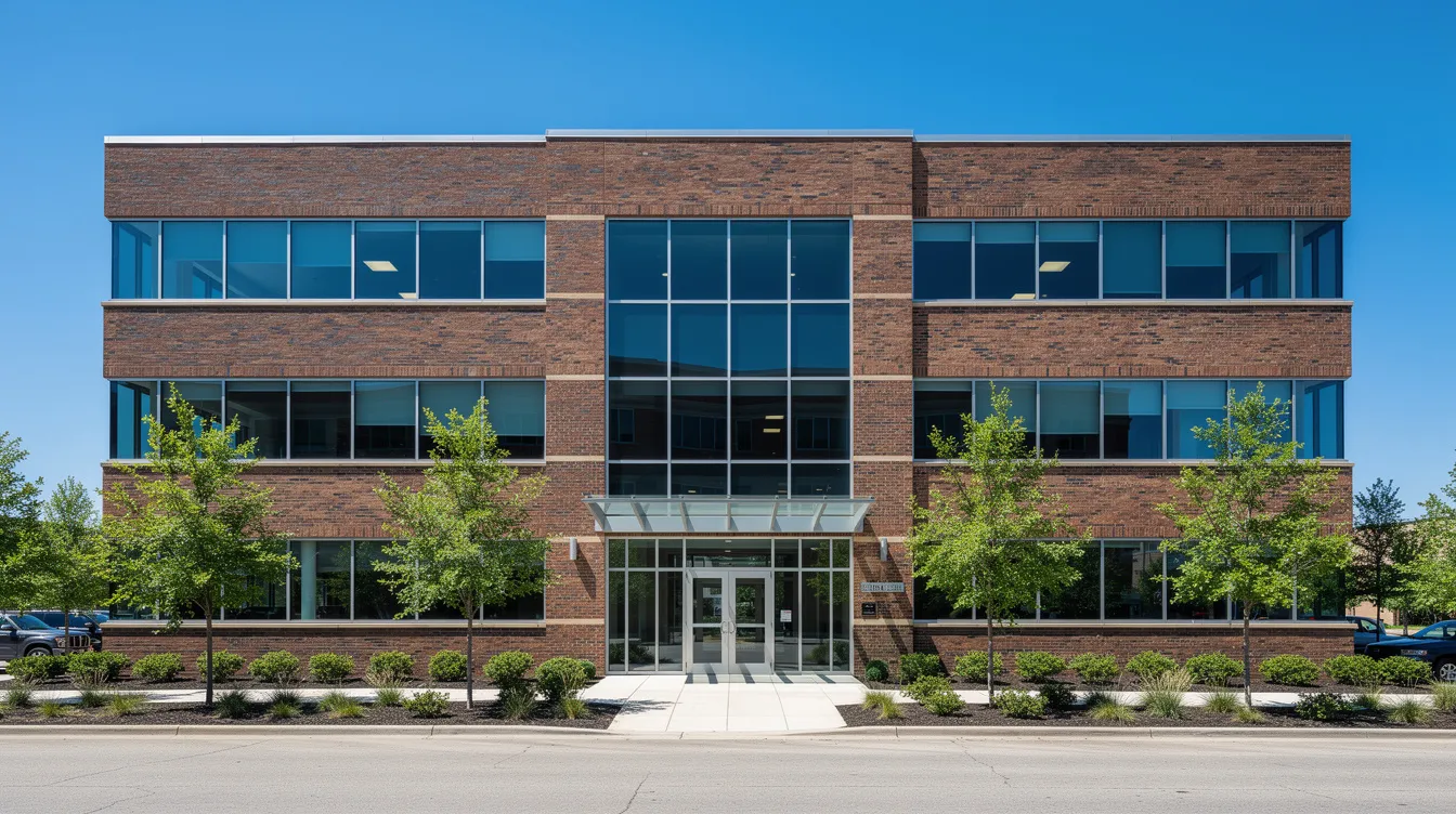 The image depicts the exterior of a brick professional office building under a clear sky, suggesting a welcoming environment for business transactions and legal services. This location likely serves as a hub for experienced attorneys specializing in corporate law, business formation, and various commercial contracts.