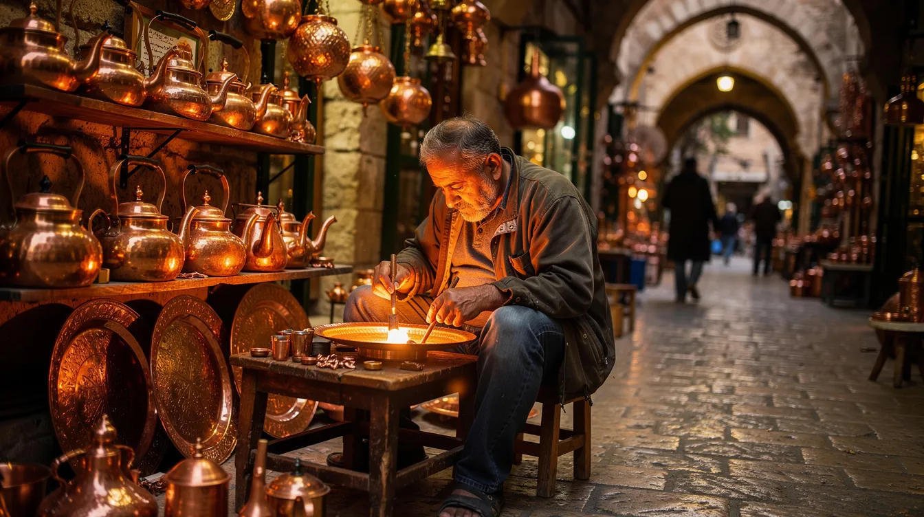 Un artesano trabaja el cobre en un bazar histórico, rodeado de objetos brillantes que reflejan la rica historia de civilizaciones en Turquía. Este lugar, lleno de color y vida, atrae a turistas que exploran el casco antiguo de la ciudad de Sanliurfa.