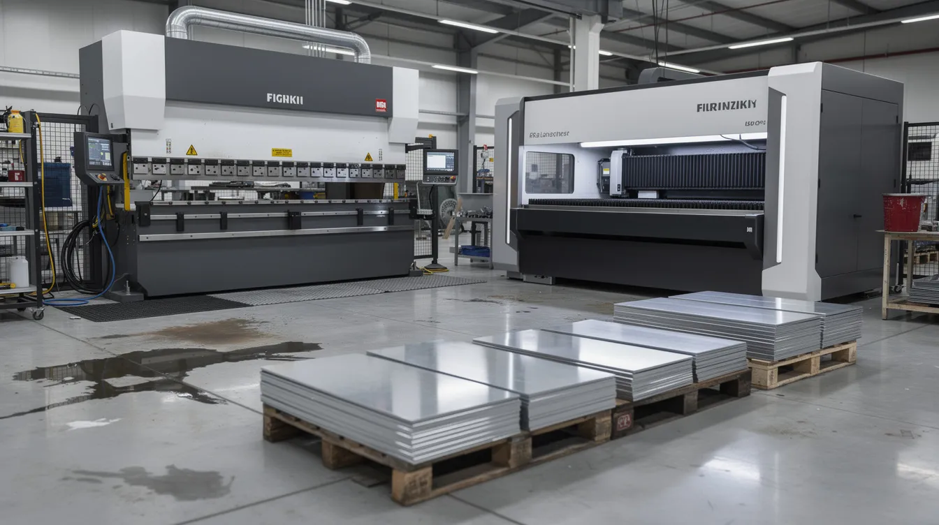 The image shows a close-up view of an industrial workshop floor featuring a large CNC press brake and a fiber laser cutter positioned side by side, with stacks of flat metal blanks nearby, highlighting the sheet metal fabrication process and the use of advanced metal fabrication capabilities. The scene emphasizes the tools used for creating precise sheet metal parts and components in a manufacturing environment.