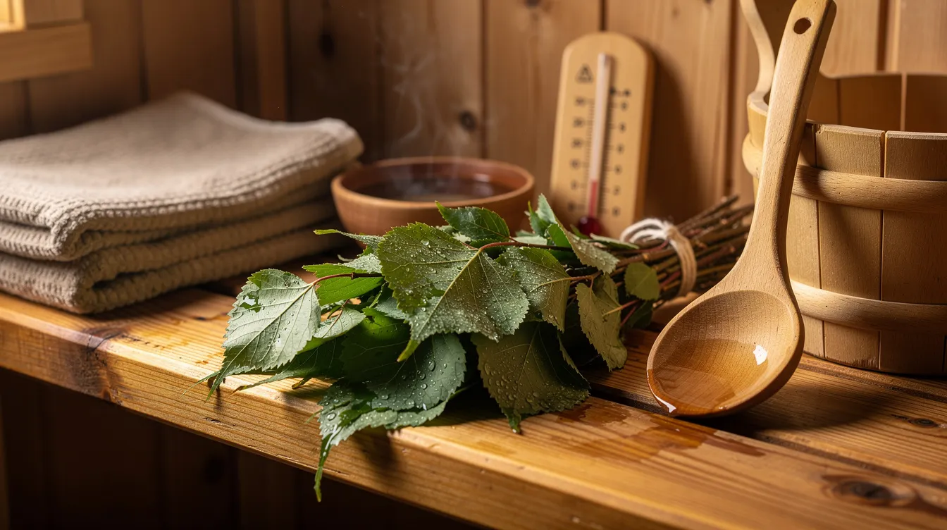 The image features birch whisks and various wooden sauna accessories neatly arranged on a bench, embodying elements of Finnish sauna culture. These tools are essential for enhancing the sauna experience, contributing to the warm, inviting atmosphere of a traditional sauna room.