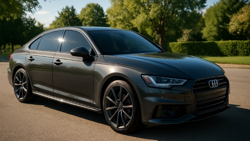 An Audi with tinted windows is standing under sunlight with minimal visibility of inside