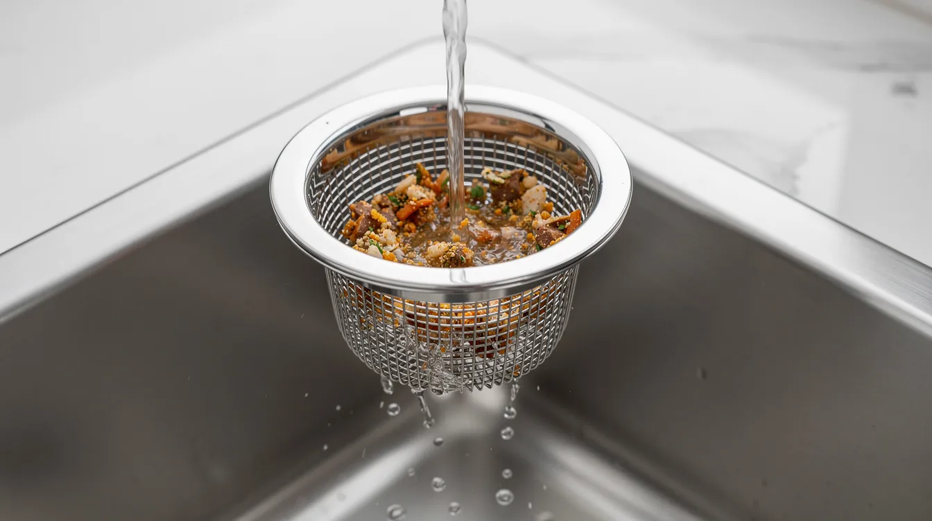 A stainless steel sink strainer is positioned in a clean kitchen sink, effectively catching food debris such as coffee grounds and food scraps, which helps prevent clogged drains. The sink is ready for use, showcasing a tidy environment that emphasizes the importance of maintaining clean drains to avoid future plumbing issues.