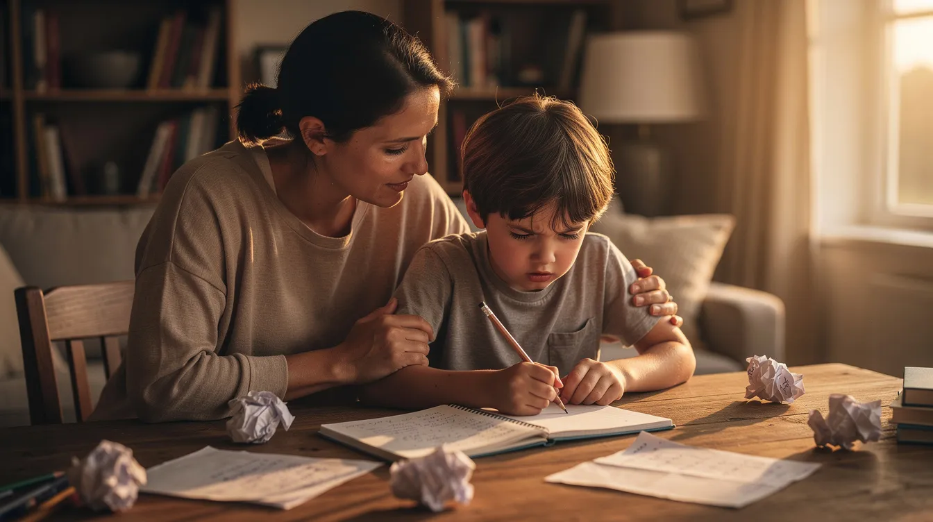 A parent sits beside a frustrated child at a desk cluttered with crumpled papers, illuminated by warm evening light in a cozy home environment. The scene reflects the unique challenges of academic life, emphasizing the importance of student support strategies and building resilience in children facing difficulties in school.