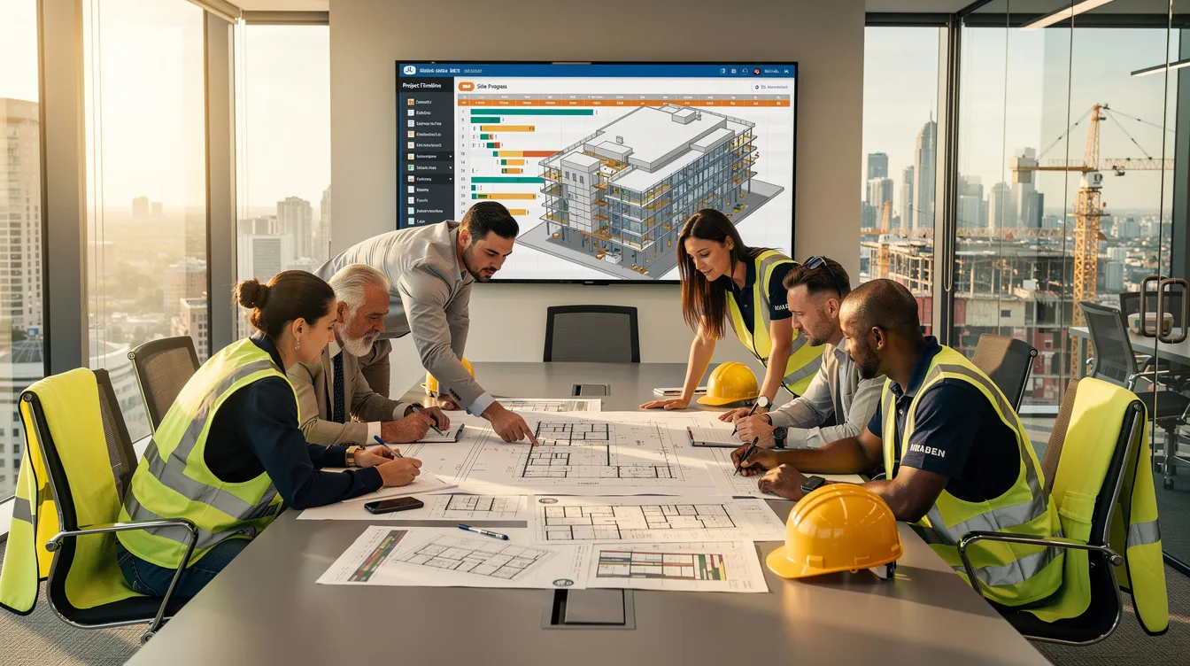 A construction leadership team is gathered around a conference table, intently reviewing plans and data displayed on a screen, discussing critical aspects of the construction industry outlook, including material costs and labor availability. The atmosphere reflects a focus on managing construction projects amidst rising costs and persistent labor shortages.