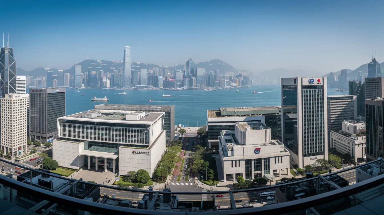 一幅全景圖展示香港特別行政區壯觀的政府區建築,藍天映襯下,繁忙的海港清晰可見。此圖反映了公務員辦公室的建築意義及該地區的活力氛圍。