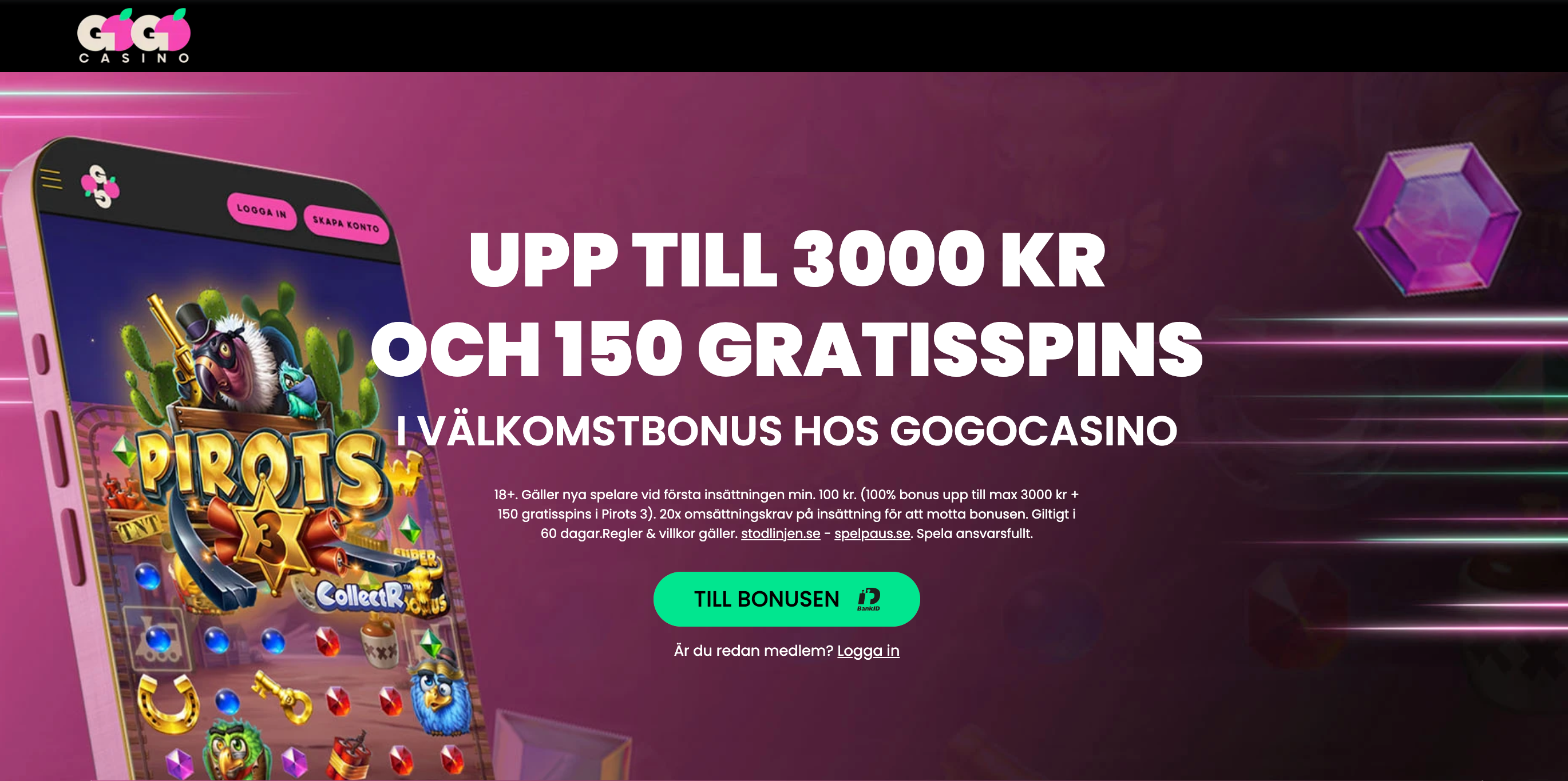 GoGo Casino - 100% upp till 3000kr
