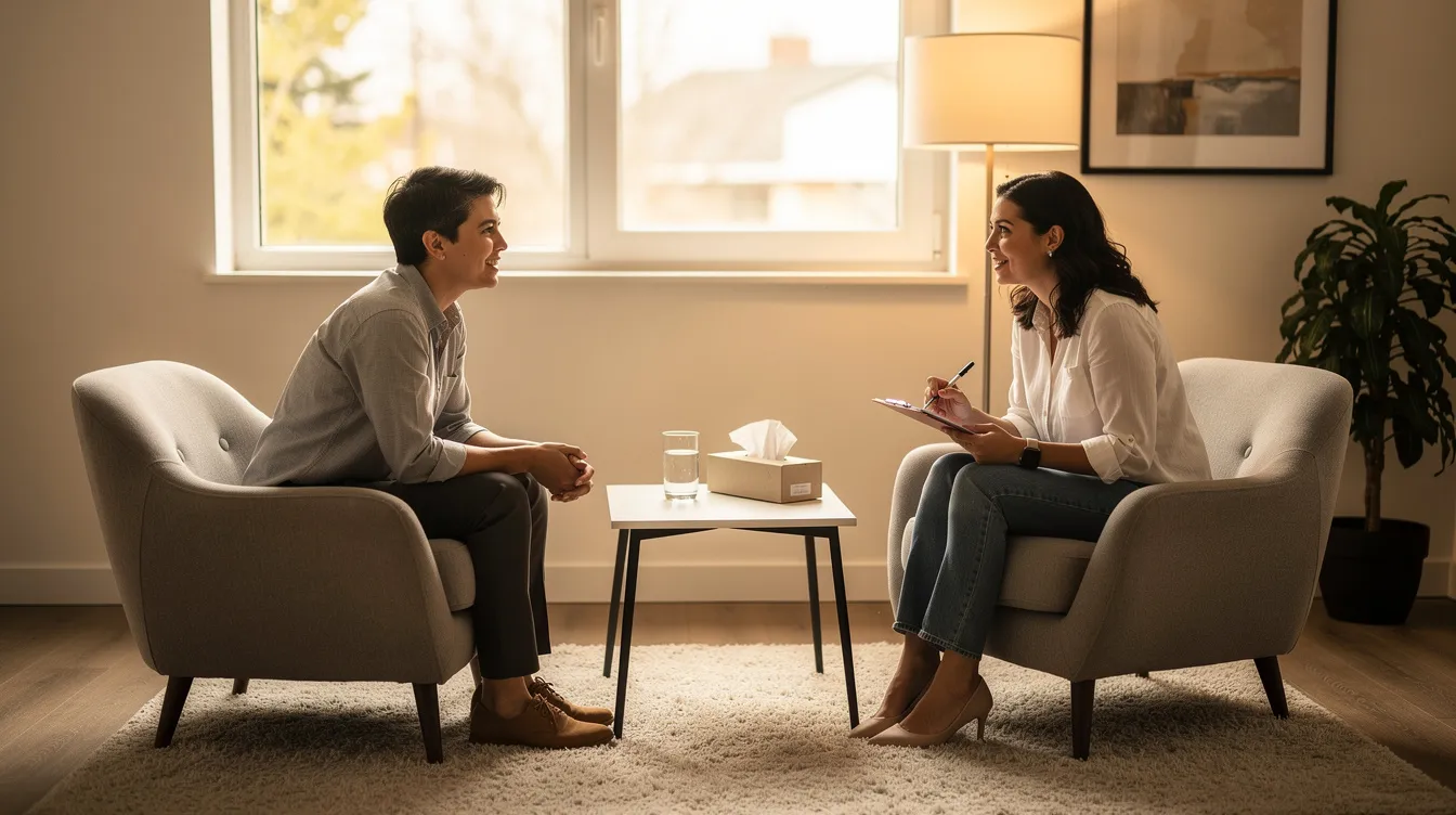 The image depicts a person engaged in a consultation with a professional in a welcoming office environment, likely discussing issues related to social security disability benefits and the application process for neurological disorders. The setting conveys a sense of support and guidance for those navigating disability claims.