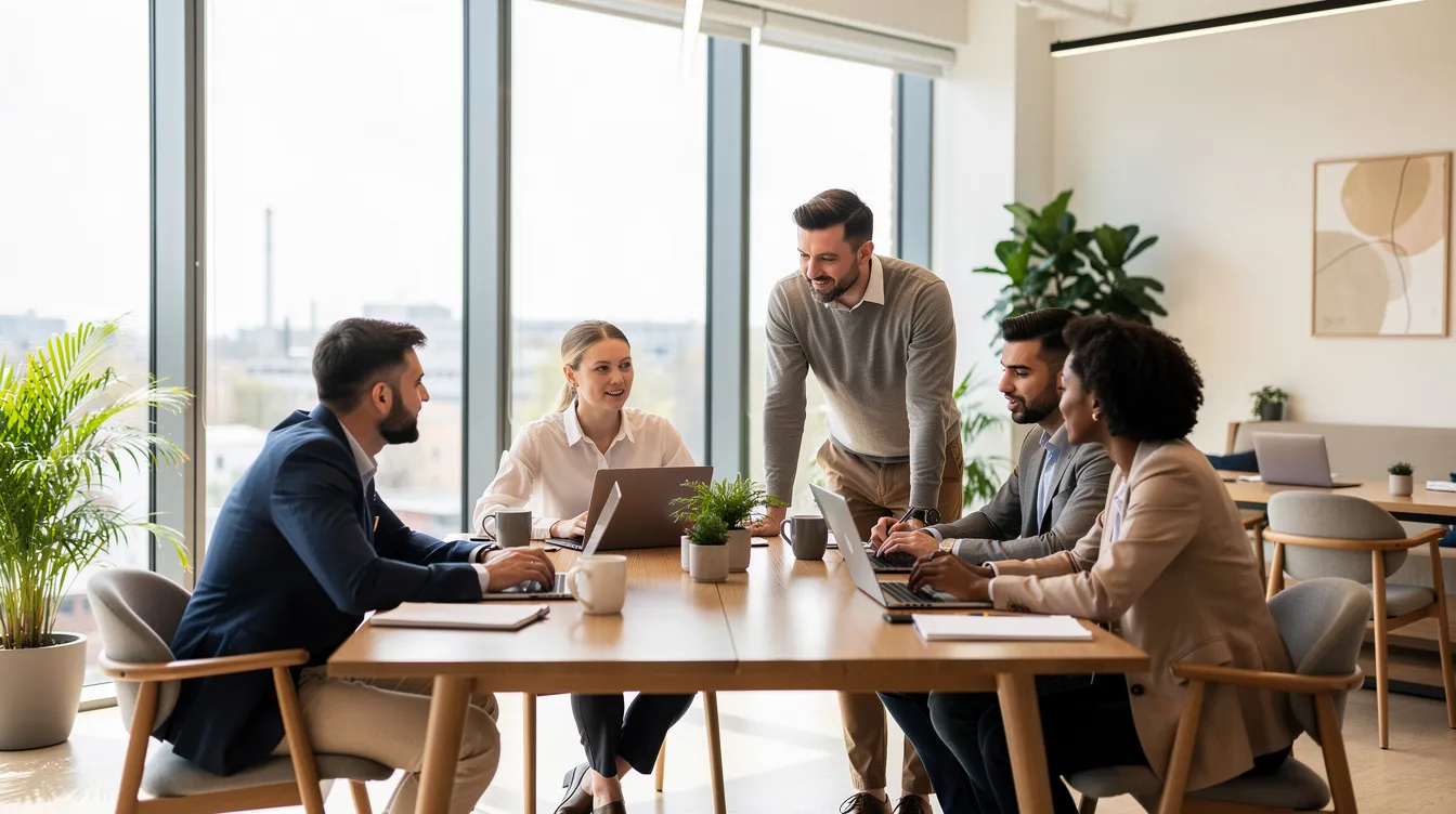 The image depicts a diverse group of experienced professionals collaborating at laptops in a bright, modern co-working space, showcasing the dynamics of nearshore teams. Their engagement reflects real-time collaboration and effective communication styles, essential for managing remote teams and achieving business goals.