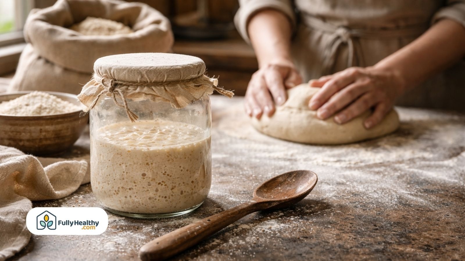 Glass jar sourdough starter and baker kneading dough