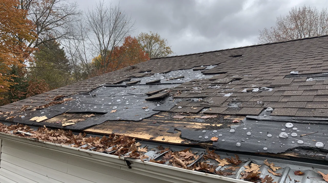 The image depicts a residential roof with several missing shingles and visible hail damage, set against a cloudy autumn sky. This type of storm damage is typically covered by homeowners insurance, emphasizing the importance of having the right home insurance coverage to protect against significant damage.