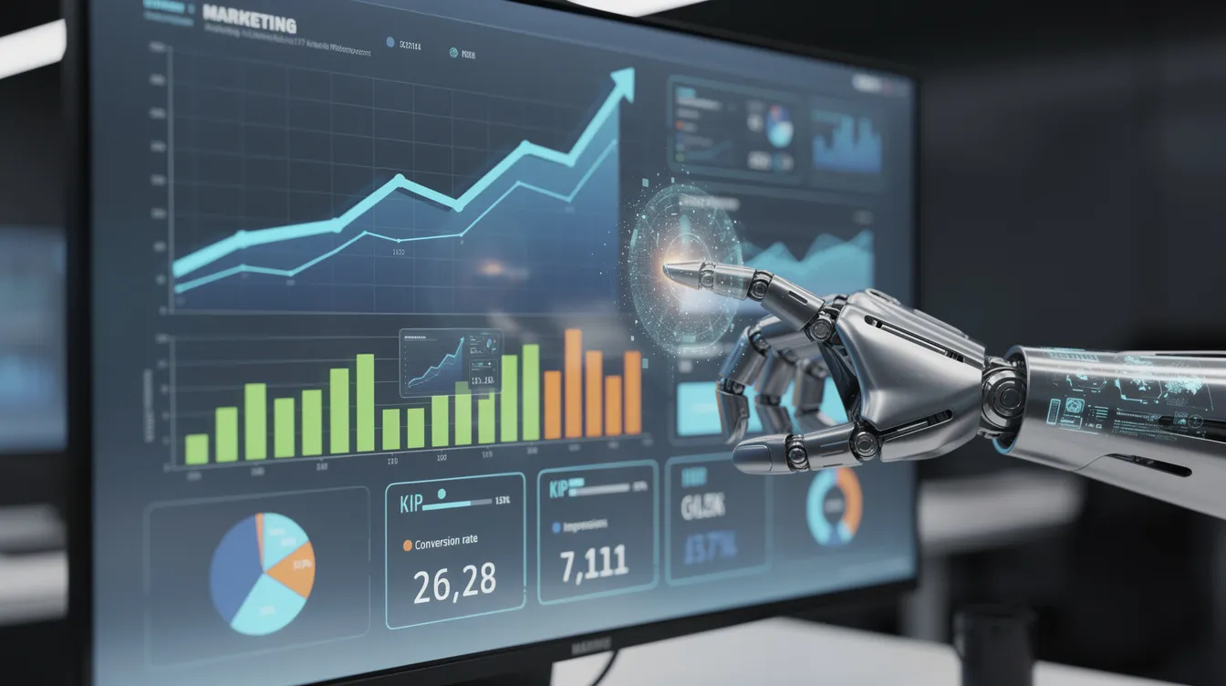 The image depicts a robotic hand interacting with a digital marketing dashboard, which displays various charts and metrics related to sensitive data and user input. This scene highlights the integration of AI applications in analyzing complex workflows and enhancing decision-making processes through data visualization.